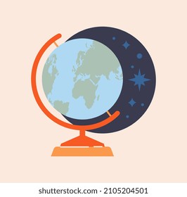 Back to School concept. Colorful sticker with globe, outer space and stars. Geography lesson equipment for children and young students. Design element for printing. Cartoon flat vector illustration