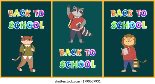 Back to school concept, colorful vector banner with bright lettering and animals students characters welcoming pupils on dark green school board. Kids bright illustration with education equipment