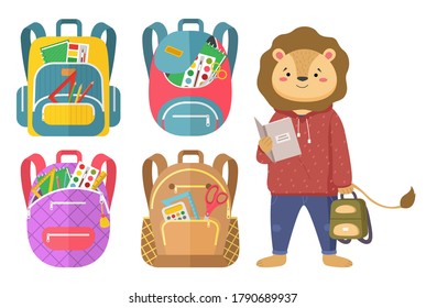 De vuelta al concepto escolar, colorido cartel vectorial con estudiante de león escolar y bolsos de escuela brillantes con material escolar. Mochilas para niños con equipo educativo. Juego de iconos dibujados a mano en blanco