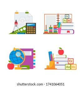 Back to school Concept. Compositions of Different school supplies, icon set. Vector illustration for banner, web page, flayer, advertising