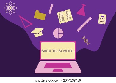 Back to school concept. Computer or laptop with education icon floating in the air on purple and violet background. E-learning or study online.