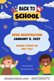 Back to school concept cover template. Vector flyer, banner, poster, wallpaper, print, background design with students and education element. Studying, education, learning, back to school, stationery.
