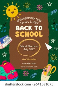 Back to school concept cover template. Vector flyer, banner, poster, wallpaper, print, background design with education element. Studying, education, learning, back to school, student, stationery.
