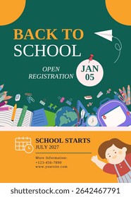 Back to school concept cover template. Vector flyer, banner, poster, wallpaper, print, background design with happy student. Studying, education, learning, back to school, stationery.