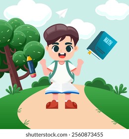 Back to school concept. Cute boy with backpack and book. Vector illustration.