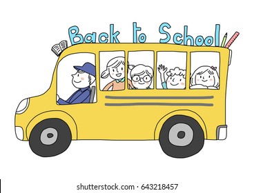 Back to school concept with cute boys and girls in the yellow school bus decorated with wording, book and stationery. Driver and students smiling and happily riding on the bus back to school.