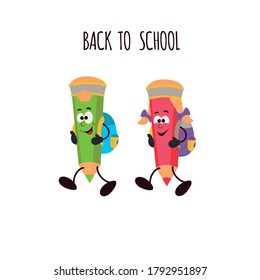 Back to school concept. Cute cartoon pencils with  school bag. Vector illustration in cartoon style. Cute pupils pencil character