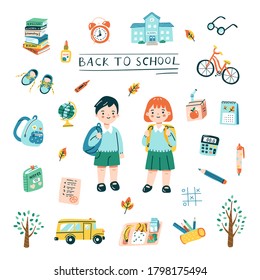 Back to school concept in cute cartoon style. Set of school related objects, such as backpack, books, stationery, and two students. Elements are isolated.