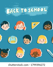 De vuelta al concepto escolar en un lindo estilo de dibujos animados. Ilustración de caras felices de niños y suministros escolares. Se puede usar para un afiche, pancarta o cubierta.