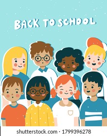 Back to school concept in cute cartoon style. Vector illustration of happy multinational school children. Can be used for a poster, banner or cover.