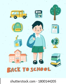 Back to school concept in cute cartoon style. Vector illustration of a boy and school related objects. Can be used for a poster, cover or a banner.