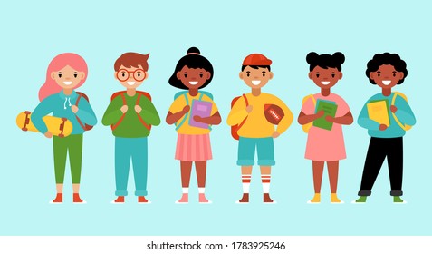 Back to school concept with cute diversity students. Flat style cartoon vector illustration