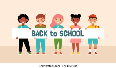 De vuelta al concepto escolar con estudiantes de diversidad adorable sosteniendo pancartas. Ilustración vectorial de dibujos animados de estilo plano