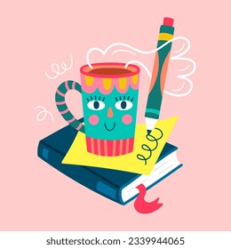 Back to school concept with cute funny coffee cup character, book and pen. Childish print for cards, apparel and decoration