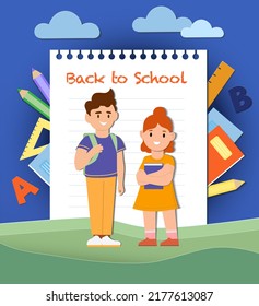 Back to school concept. Cute kids with books, backpack and school supplies on background. Boy and girl get knowledge. Education and study. Cartoon flat vector illustration in paper cut style