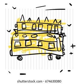 Back to school concept. Cute sketch of school bus on notebook page, vector illustration.