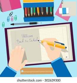 Back to school concept design. Background with pencils, book and school Items. Vector illustration in flat style.