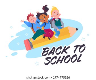 Back to school concept design with happy school kids fly on big pencil like a rocket isolated on white background. Vector flat cartoon illustration. For banners, ads, package, web.