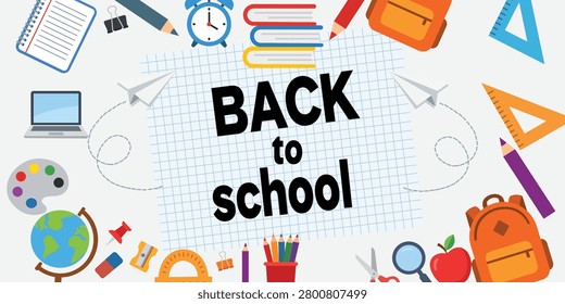 Back to school concept design notebook paper background with colorful stationery supplies ruler pencil backpack globe apple books arranged around bold black text vector illustration
