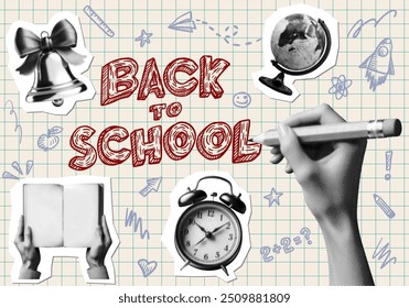 back to school concept design set with hand writing holding pencil reading book alarm clock bell globe isolated on graph paper doodle background retro grunge dotted halftone cutout collage element