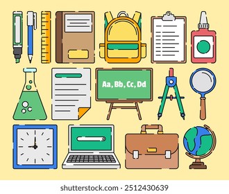 Back To School Concept Design. Student Supplies With Backpack, Books And School Stationery.