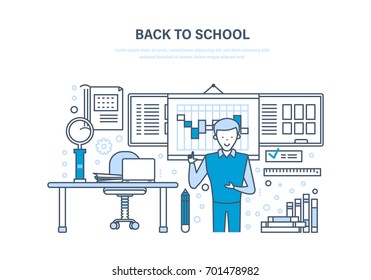 Back to school concept. Distance education, e-learning. Online courses, universities and colleges, school classroom. Teaching at the University. Illustration thin line design of vector doodles.