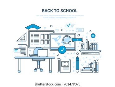 Back to school concept. Distance education and e-learning. Courses, universities and colleges. Teaching on lesson in classroom. Illustration thin line design of vector doodles, infographics elements.