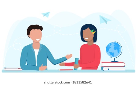 De vuelta al concepto de escuela. Diversos compañeros de clase sentados en un escritorio y hablando. Ilustración vectorial plana