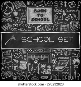 Back to School concept. Doodle graphic design elements. Hand drawn education icons set with blackboard, school bus and supplies, puzzle, thumb up and more. Black chalkboard effect. Vector Illustration