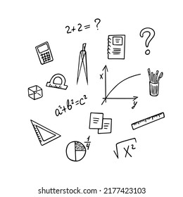 Back to school concept doodle,hand drawn notebook,math formulas,compass,rulers,protractor,graph.Education and learning sketch,freehand minimalistic design,child drawing. Isolated.Vector illustration