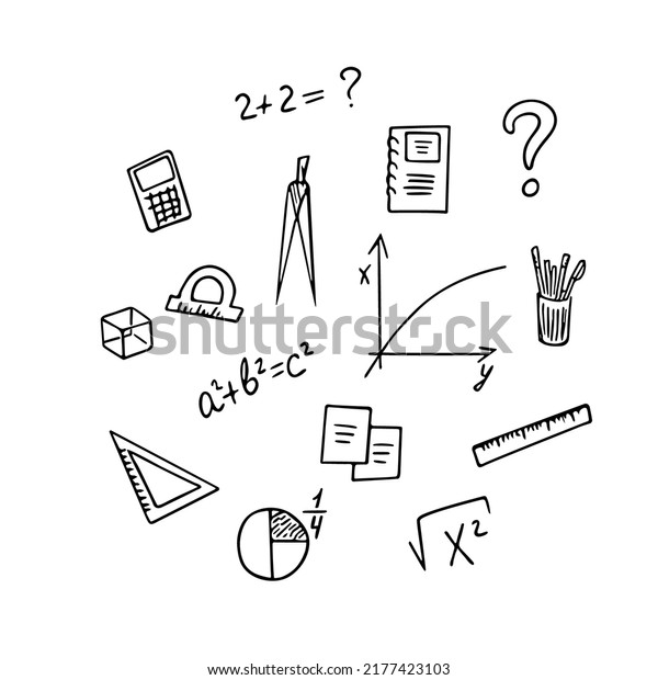 Back to school concept doodle,hand drawn\
notebook,math formulas,compass,rulers,protractor,graph.Education\
and learning sketch,freehand minimalistic design,child drawing.\
Isolated.Vector\
illustration