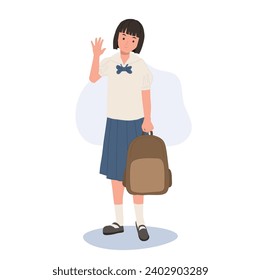 Back to School Concept. Education and Joy. Happy Thai Student in Uniform Waving