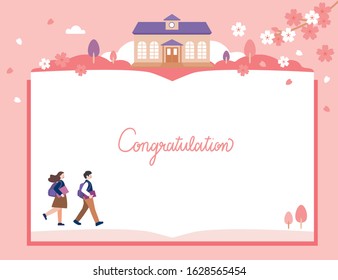 Back to school concept. An empty book frame decorated with campus views of cherry blossoms. Two students in school uniforms are walking to school. Flat cartoon vector graphic illustration