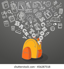 Back to school concept. Falling icons to the school bag