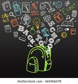 De vuelta al concepto escolar. Iconos que caen en el bolso de la escuela