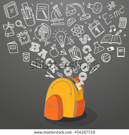 Back to school concept. Falling icons to the school bag