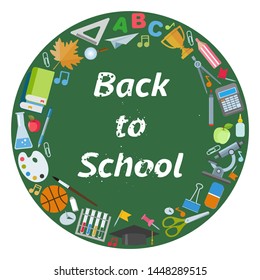 Back to school concept, flat design. Education supplies background, vector illustration