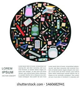 Back to school concept, flat design. Backpack, paints, crayons, pencils and school supplies in round shape with copyspace. Vector