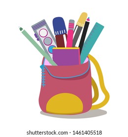 Back to school concept, flat design. Paints, crayons, pencils and school supplies in backpack. Vector
