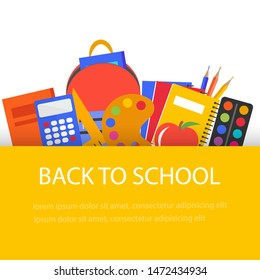 Back to school concept, flat design. School  supplies  background, vector illustration