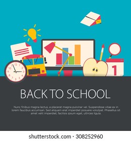 Back to school concept in flat design. School equipment, vector illustration.