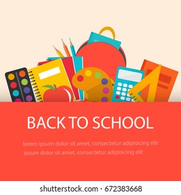 Back to school concept, flat design. Education supplies  background, vector illustration