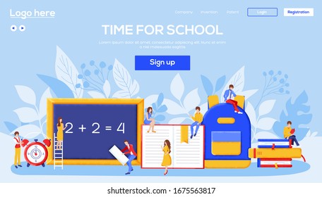 Back to school concept flyear, web banner, ui header, enter site. People character with items around concept background. Layout modern slider page. Grain texture, noise effect