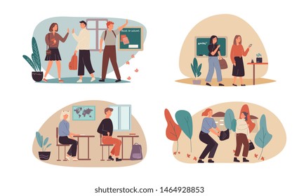 Back to School concept with four designs of schoolchildren arriving at college, greeting the teacher, sitting in class and going home in the afternoon in colorful cartoon vector illustrations