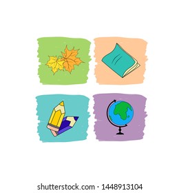Back to school concept. Four pastel color boxes with vector illustrations of supplies. Globe students workbook pencils maple leaves. Doodle sketchy style trendy palette