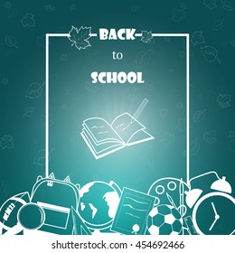 Back to school concept with frame, school supplies on bright blue background. design template for banner, poster.  vector illustration.

