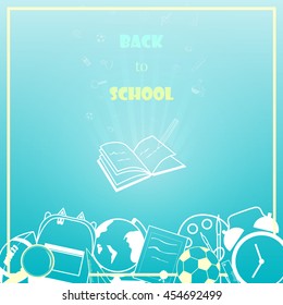 Back to school concept with frame, school supplies on bright blue  background. design template for banner, poster.  vector illustration.

