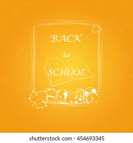 Back to school concept with frame, school supplies on bright orange background. design template for banner, poster.  vector illustration.