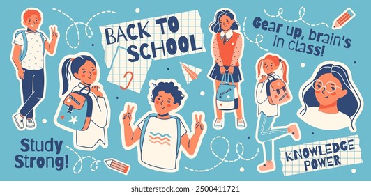 Concepto de "regreso a la escuela". Divertidas pegatinas de Vector de doodle dibujadas a mano presentaban niñas y niños adolescentes con mochilas, útiles escolares y lemas positivos. Educación, motivación y estética lúdica.