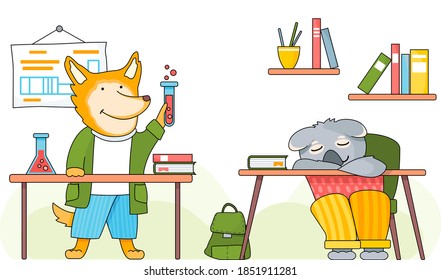 Back to school concept. Funny cartoon animal student. A fox schoolboy with test tube in hands in chemistry class. Smart active pupil is making experiments in a chemistry lab. Koala sleeping on a desk